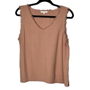 SAGE & CITRUS Women’s Salmon V-Neck Sleeveless Fringe Boho Top Linen Blend Large